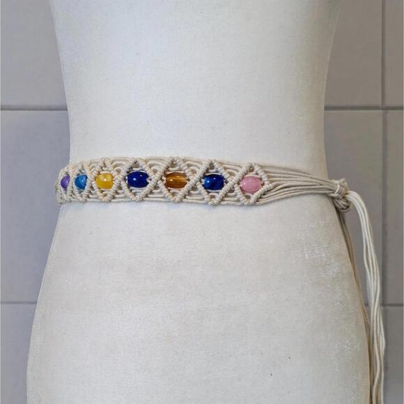 Vintage y2k macrame knotted cord multicolor glass bead tie belt - Picture 2 of 4